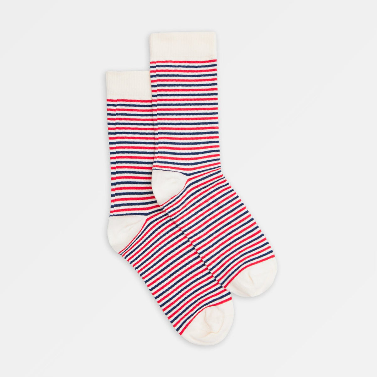 Gestreifte Morning Socken mit feinen Streifen in Rot Blau und Naturweiß von Natural Vibes Clothing