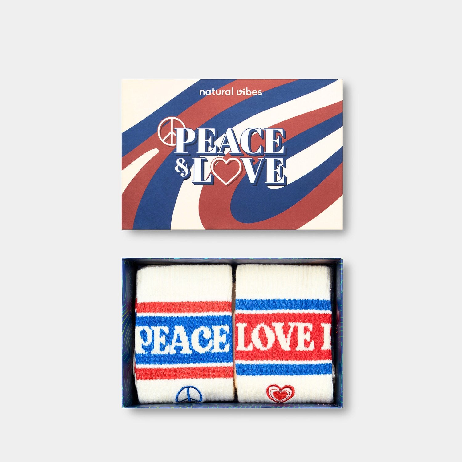 Peace & Love Geschenkset mit zwei Paar Bio-Tennissocken in Geschenkbox – Peace & Love und Love & Peace – Natural Vibes Clothing